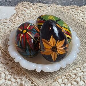 Vintage Hand Painted and Carved Wooden Easter Eggs Set of 3 Folk Art Decor